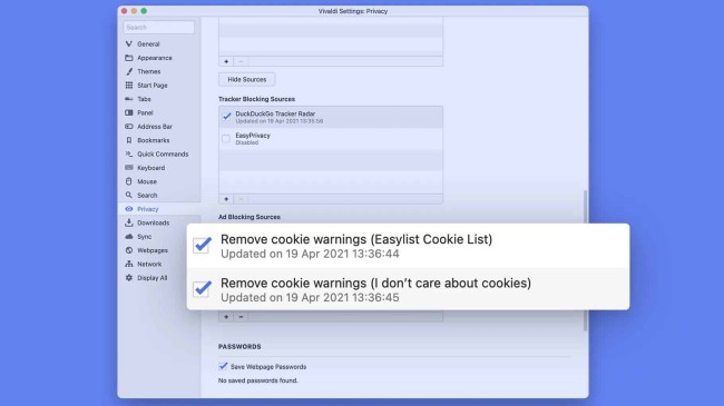 Vivaldi 3.8 güncellemesine çerez penceresi engelleme özelliği